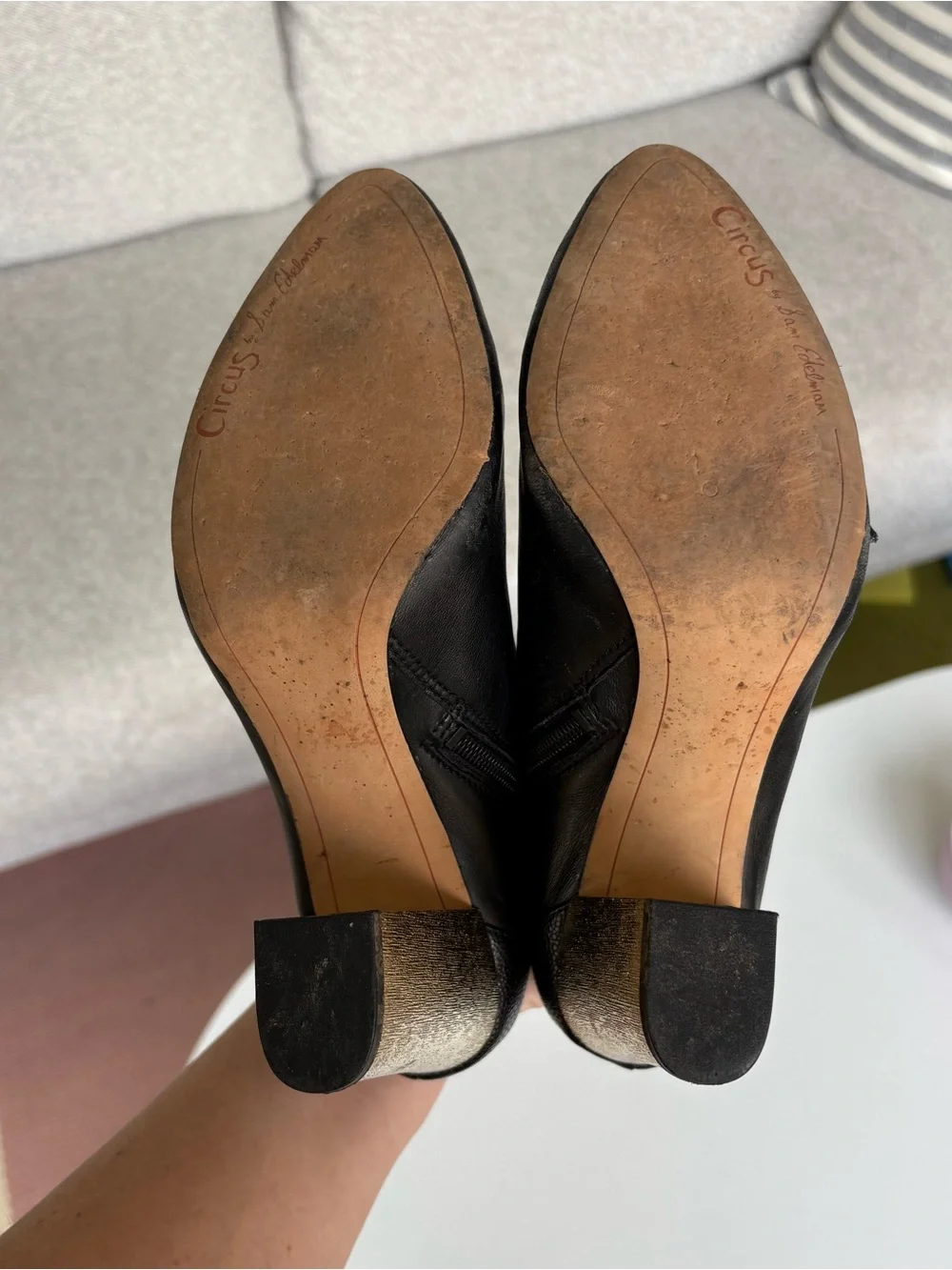 Circus Sam Edelman Black Leather Ankle Boots with Gold Block Heel